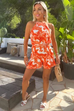 Orange Leaf Print Racer Neck Playsuit