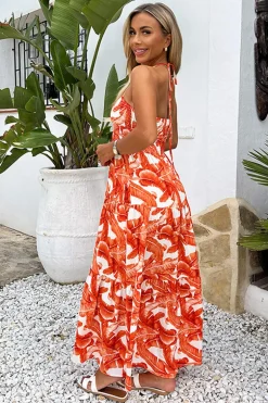 Orange Leaf Print Tie Neck Shirred Top Smock Midi Dress