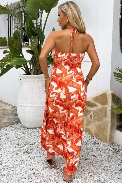 Orange Leaf Print Tie Neck Shirred Top Smock Midi Dress