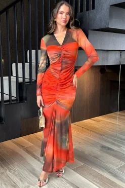 Orange Ombre Mesh Contrast Ruched Front Bodycon Midi Dress