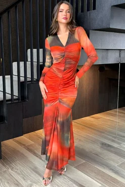 Orange Ombre Mesh Contrast Ruched Front Bodycon Midi Dress