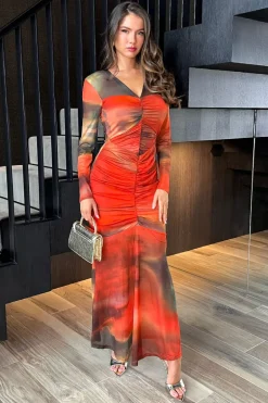 Orange Ombre Mesh Contrast Ruched Front Bodycon Midi Dress