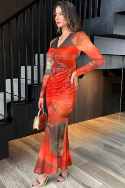 Orange Ombre Mesh Contrast Ruched Front Bodycon Midi Dress