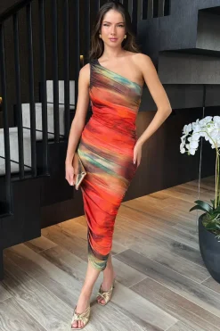 Orange Ombre Mesh One Shoulder Asymmetric Hem Ruched Midi Dress