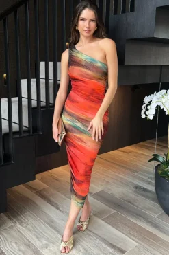 Orange Ombre Mesh One Shoulder Asymmetric Hem Ruched Midi Dress