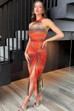 Orange Tie Dye Print Halter Neck Knot Skirt Mesh Midi Dress