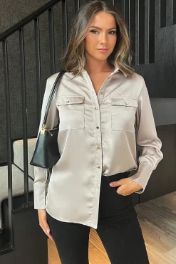 Oyster Satin Long Sleeve Gold Button Shirt
