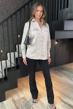 Oyster Satin Long Sleeve Gold Button Shirt