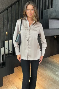 Oyster Satin Long Sleeve Gold Button Shirt