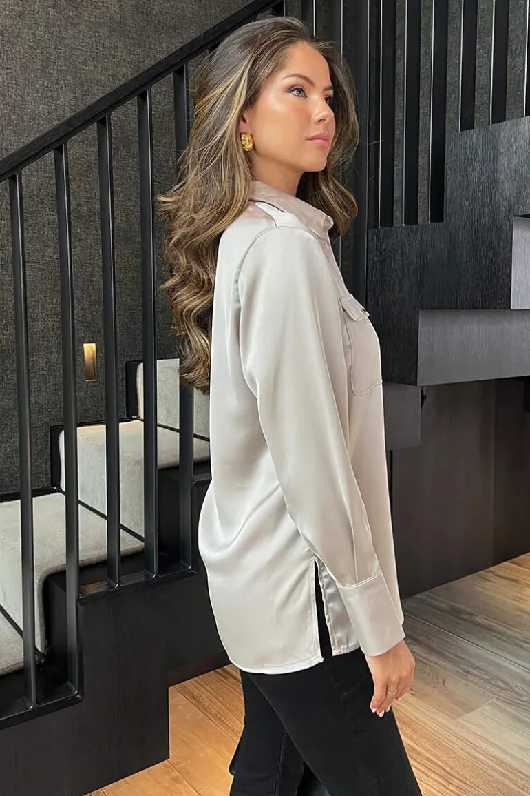 Oyster Satin Long Sleeve Gold Button Shirt