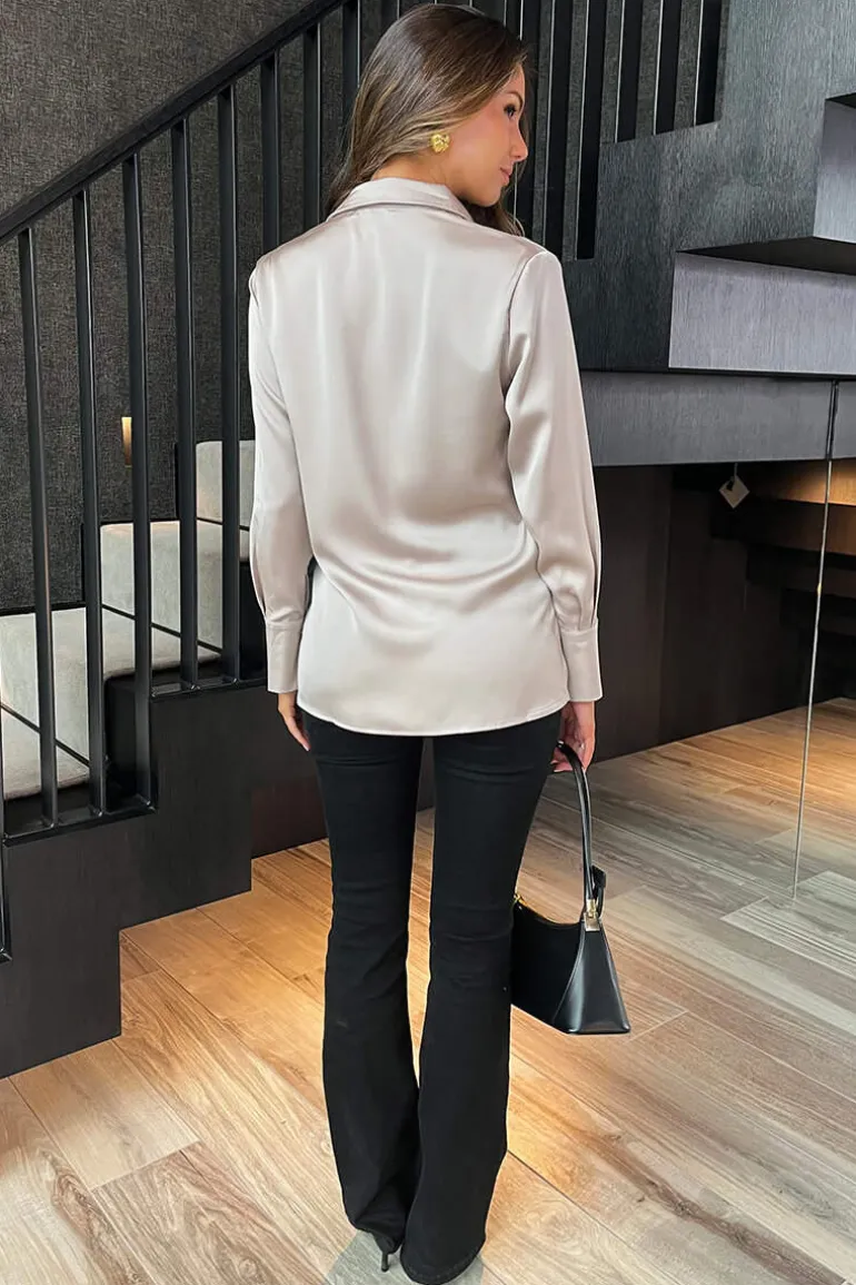 Oyster Satin Long Sleeve Gold Button Shirt
