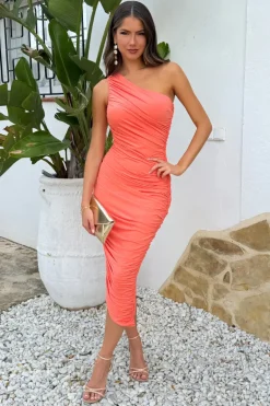 Peach One Shoulder Asymmetric Hem Ruched Midi Dress