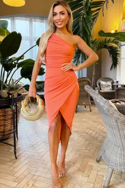 Peach One Shoulder Draped Wrap Skirt Midi Dress