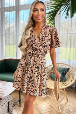 Peach Printed Elasticated Belt Skater Dress