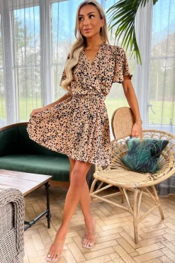 Peach Printed Elasticated Belt Skater Dress