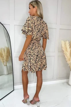 Peach Printed Elasticated Belt Skater Dress