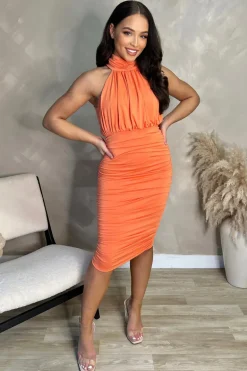 Peach Ruched High Neck Midi Dress
