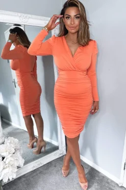 Peach Ruched Long Sleeve Cross Front Midi Dress
