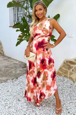 Peach Smudge Print One Shoulder Cut Out Pleated Midi Dress