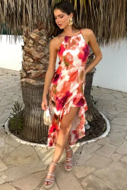 Peach Smudge Print Racer Neck High Low Frill Hem Midi Dress