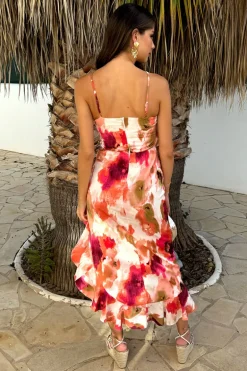 Peach Smudge Print Racer Neck High Low Frill Hem Midi Dress