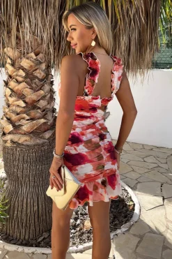 Peach Smudge Print Ruched Frill Straps Mini Dress