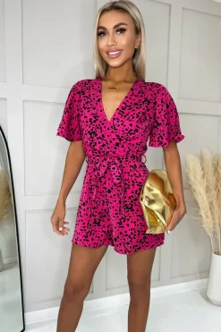 Pink And Black Printed Butterfly Sleeve Wrap Over Belted Playsuit