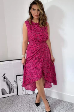 Pink And Black Printed Gathered Midi Dress