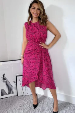 Pink And Black Printed Gathered Midi Dress