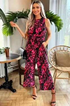 Pink And Black Printed Sleeveless Knot Front Jumpsuit