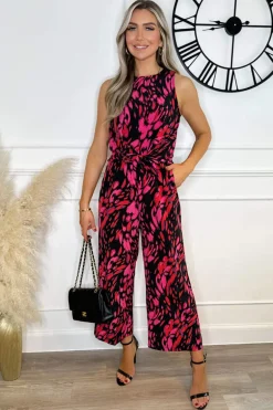 Pink And Black Printed Sleeveless Knot Front Jumpsuit