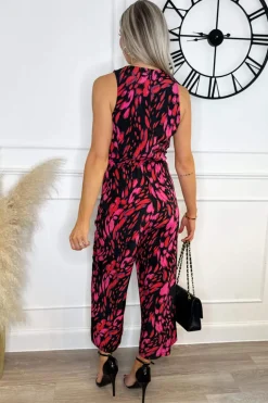 Pink And Black Printed Sleeveless Knot Front Jumpsuit