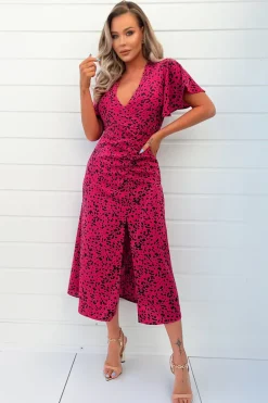 Pink And Black Printed Split Skirt Midi Dress
