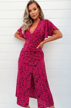 Pink And Black Printed Split Skirt Midi Dress