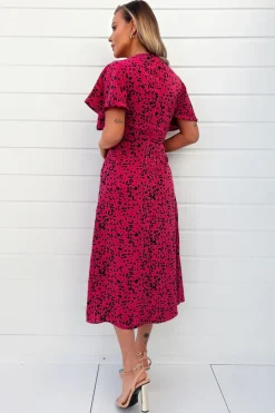 Pink And Black Printed Split Skirt Midi Dress