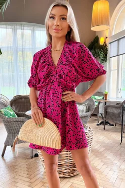 Pink And Black Printed V Neck Mini Dress With Elasticated Cuffs