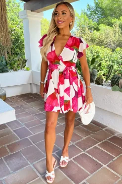 Pink And Cream Floral Print Wrap Top Tie Waist Skater Mini Dress