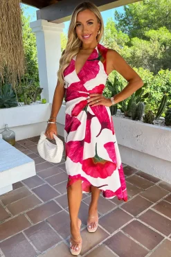 Pink And Cream Floral Print Wrap Top Gathered Midi Dress