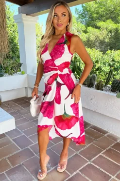Pink And Cream Floral Print Wrap Top Gathered Midi Dress