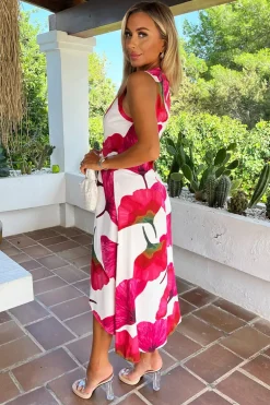 Pink And Cream Floral Print Wrap Top Gathered Midi Dress