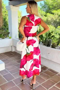 Pink And Cream Floral Print Wrap Top Gathered Midi Dress