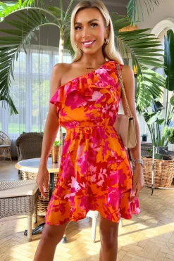 Pink And Orange Floral One Shoulder Frill Mini Dress