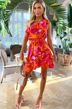 Pink And Orange Floral One Shoulder Frill Mini Dress