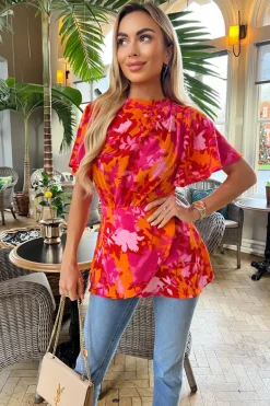 Pink And Orange Floral Printed High Neck Top