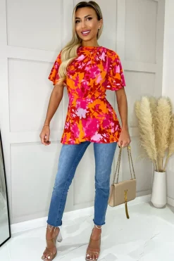 Pink And Orange Floral Printed High Neck Top