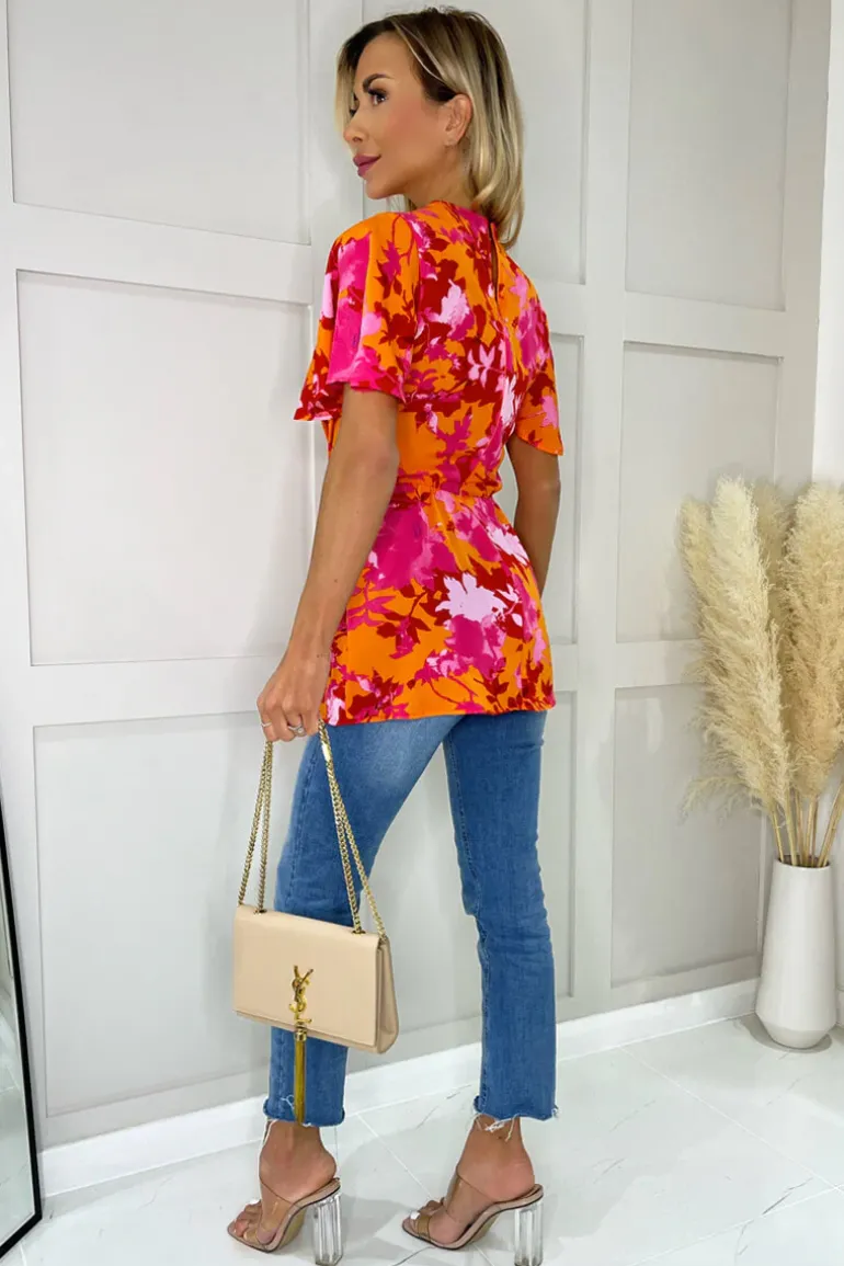 Pink And Orange Floral Printed High Neck Top