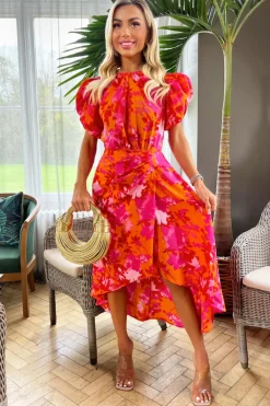 Pink And Orange Floral Printed Short Puff Sleeve Gathered Side Midi Dress