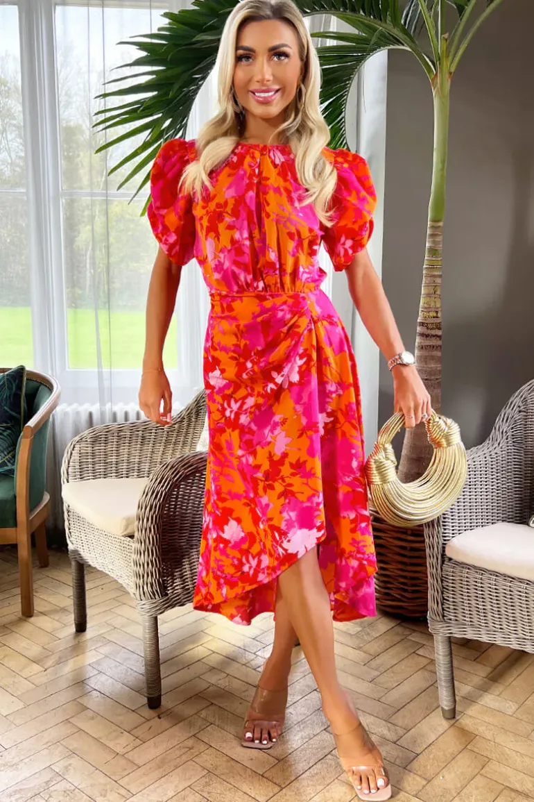 Pink And Orange Floral Printed Short Puff Sleeve Gathered Side Midi Dress