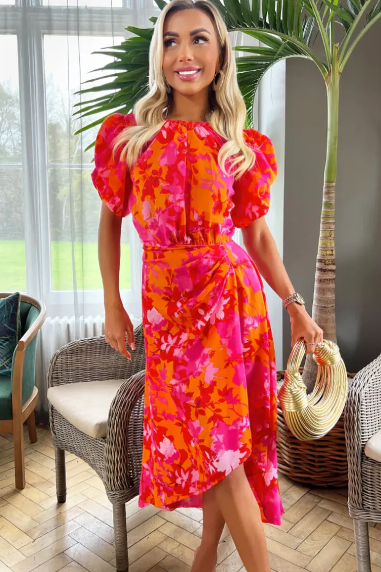 Pink And Orange Floral Printed Short Puff Sleeve Gathered Side Midi Dress