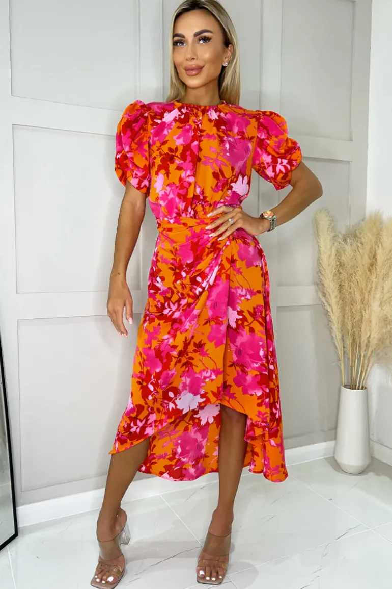 Pink And Orange Floral Printed Short Puff Sleeve Gathered Side Midi Dress